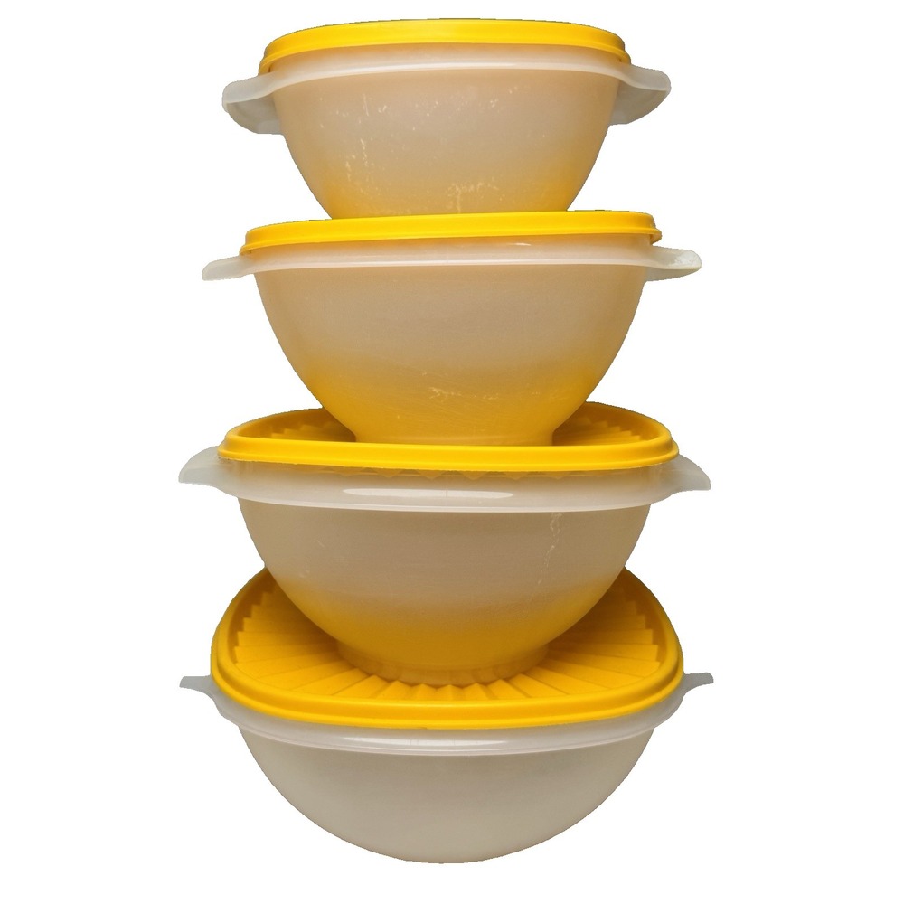 TUPPERWARE Servalier Nesting Storage Bowls Set of‎ 4 w/ Goldenrod Yellow Lids